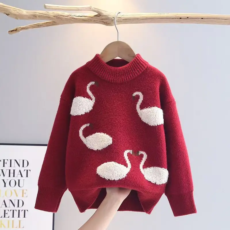 Autumn Winter Girls Sweaters Children's Cute Furry Swan Knit Tops for Princess Girl Pullover Kid's Knitwear Cosy Clothes HY12172