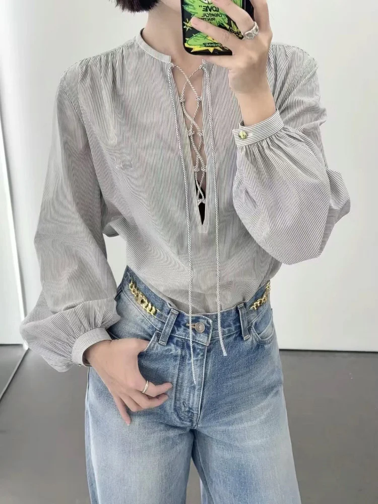 

Ladies Fashion Elegant Pullover Shirt Women Lace-Up V-Neck Striped Blouse Long Sleeve Tops for 2024 New