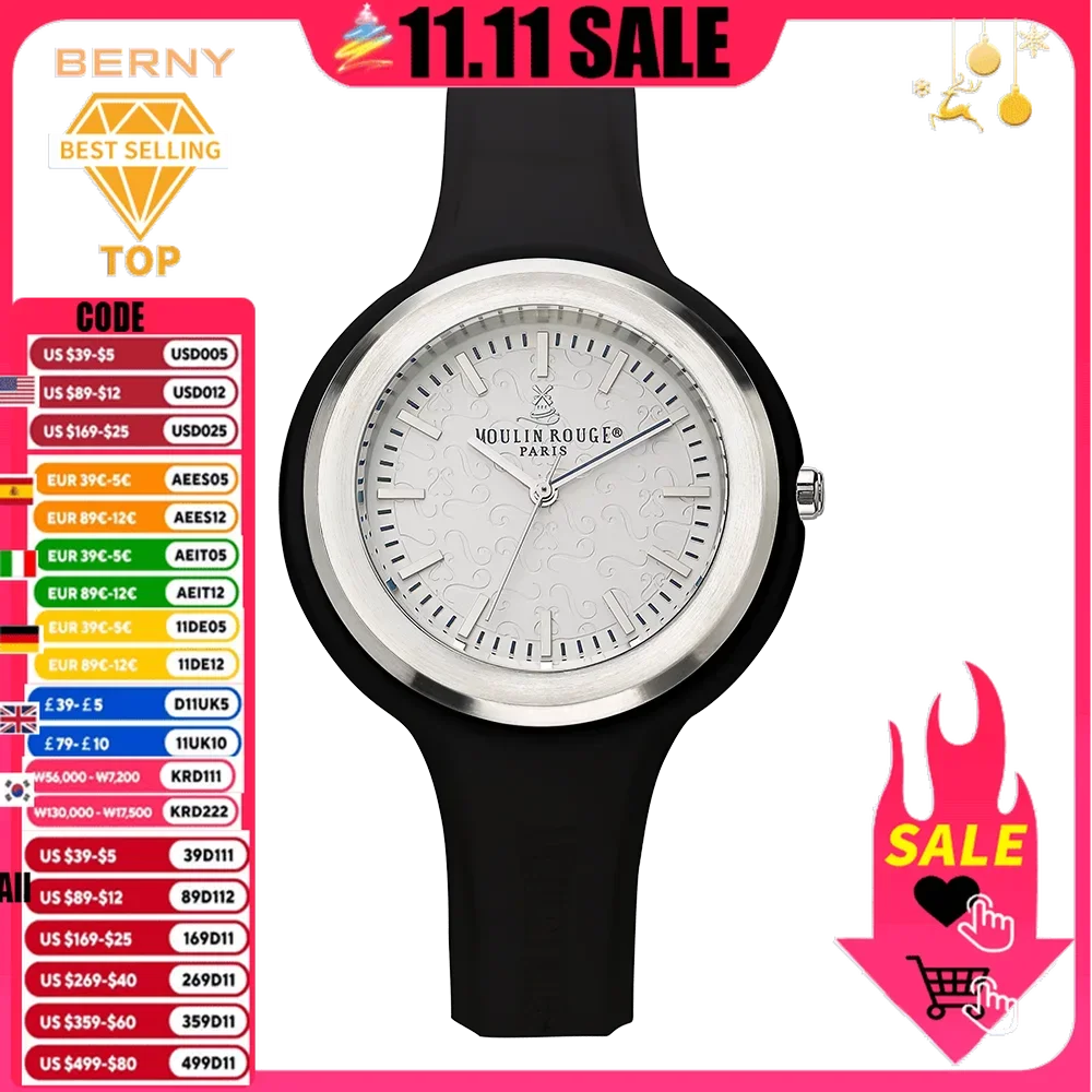 MoulinRouge Women's Quartz Watch Sport Waterproof Mineral with Sapphire Coating Wristwatch Gift  Silicone Strap Ladies Watch