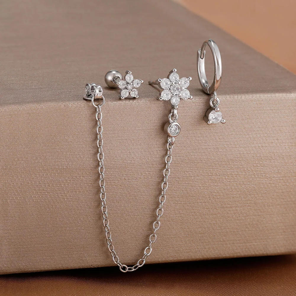 3 قطعة لطيف حساسة كريستال زهرة طقم من الحلقان للنساء 14K مطلية بالذهب الفولاذ المقاوم للصدأ سلسلة الأذن مربط ثقب المجوهرات
