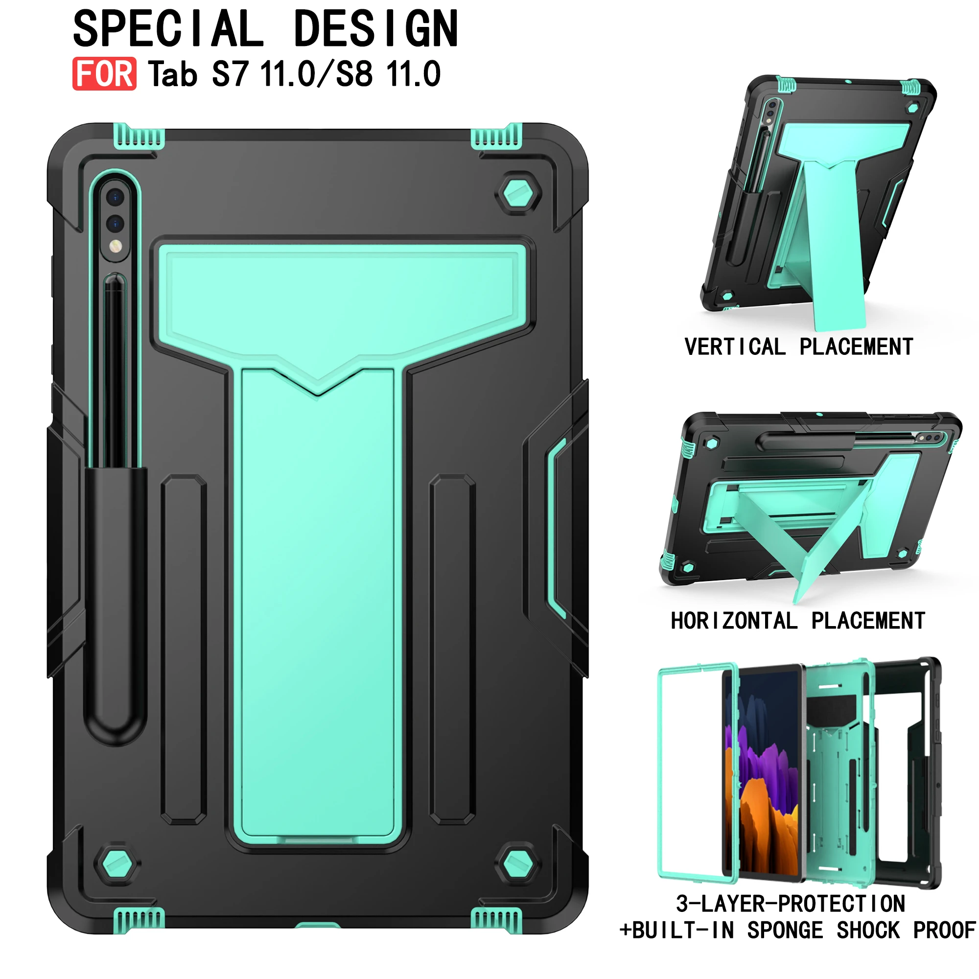 Multi functional tablet case for Samsung Tab S7/S8 11 inch, T-shaped built-in bracket, thickened corners for impact resistance