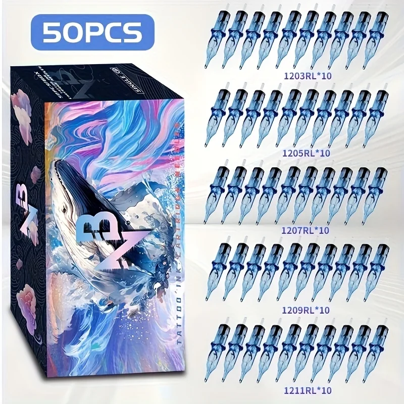 

50 PCS/set, tattoo ink cartridge needles, tattoo needles, including 1203RL/1205RL/1207RL/1209RL/1211RL models in 10 packs, suitable for all tattoo machines