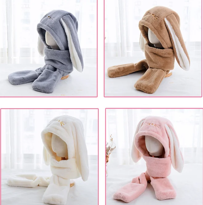 Rabbit Big Ears Plush Cross Border Cycling Lovely Hat Female Cold Hat Autumn Winter Scarf Gloves One Girl Hat Student Gray