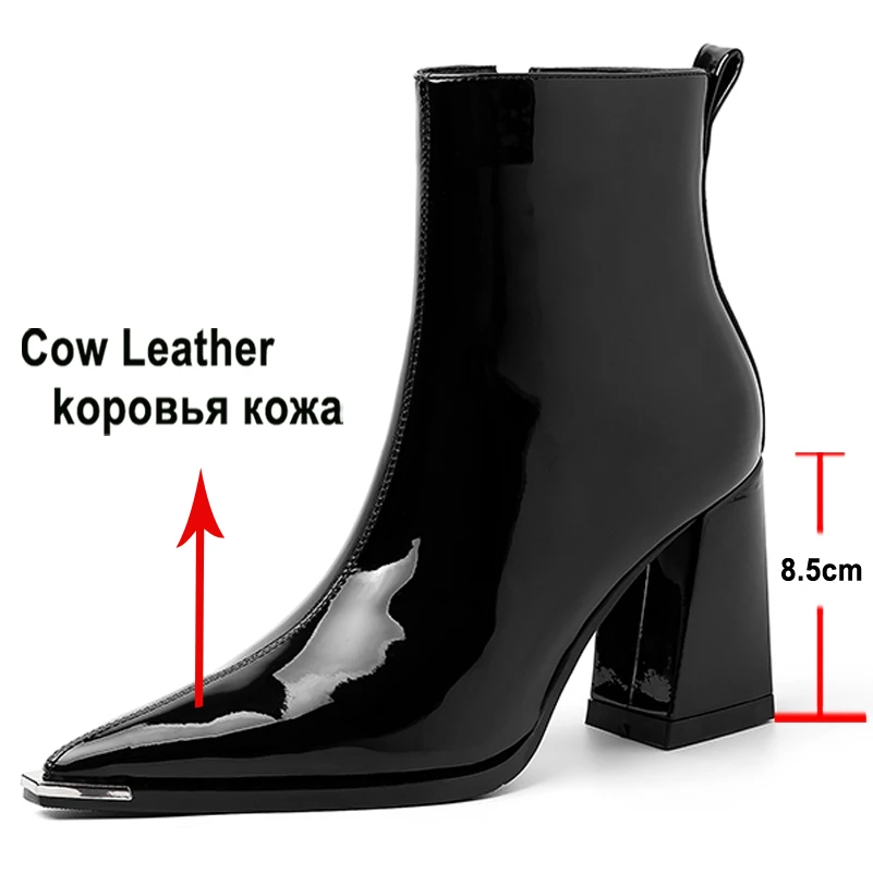 Meotina Women Genuine Leather Ankle Boots Square Toe Chunky High Heel Zipper Ladies Fashion Short Boot Autumn Winter Shoes Black