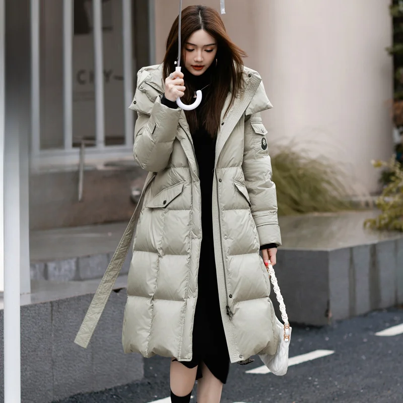 Winter Long Thickened 90 Duck Down Jacket Women\'s Down Jacket Slim Hooded Waist Warm Coat High-end Temperament Elegant Parkas