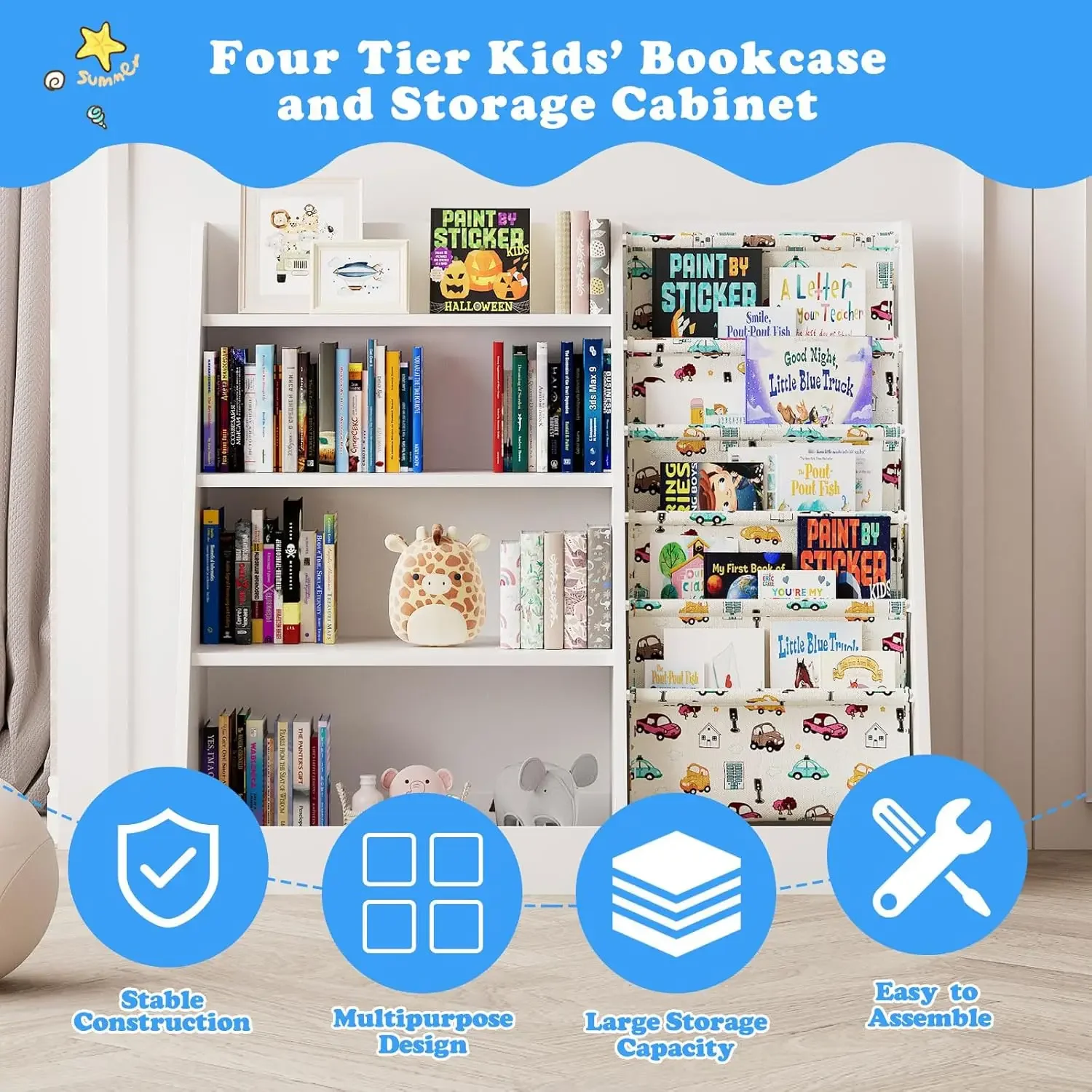 Kinder-Bücherregal aus Holz, fünflagiges Sling-Bücherregal, Bücherregal zur Aufbewahrung von Babys, Kinderbuch- und Spielzeug-Organizer, Schranktruhe, Kleinkind B