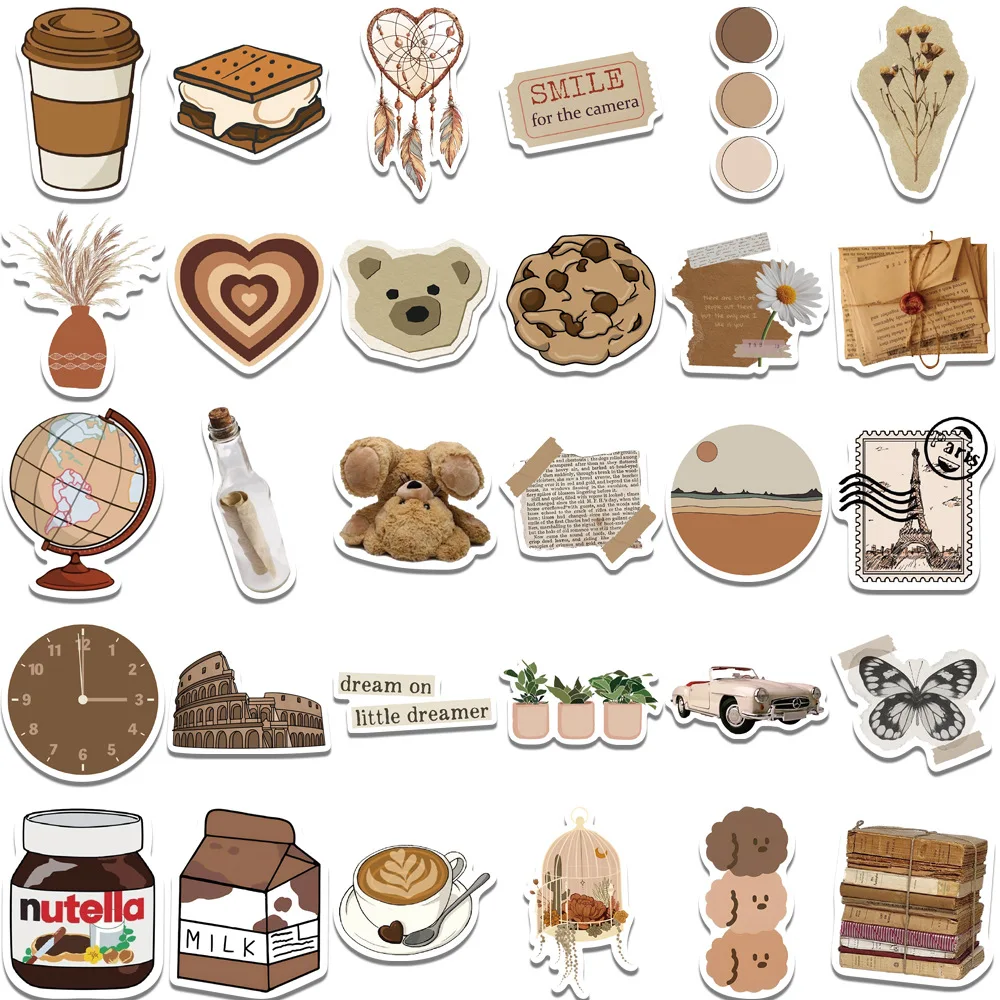 10/30/50Pcs Retro Brown Waterproof Graffiti Sticker Aesthetic Decorative Luggage Laptop Cup Guitar Phone Scrapbook Kid Stickers