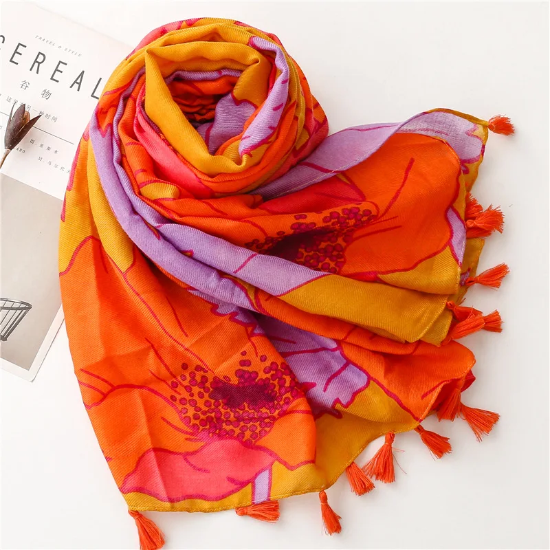 New Soft Cotton and Linen Feel Scarf Spring Summer Retro Bright Orange Flower Silk Scarf Sun Protection Cape Bib Decoration