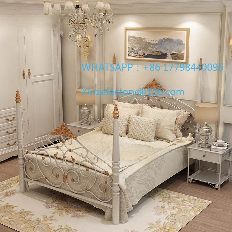 Cama doble de hierro forjado retro europea personalizable, cama de princesa, moderno, sencillo, pequeño apartamento, habitación de alquiler, cama con marco de hierro Apartm
