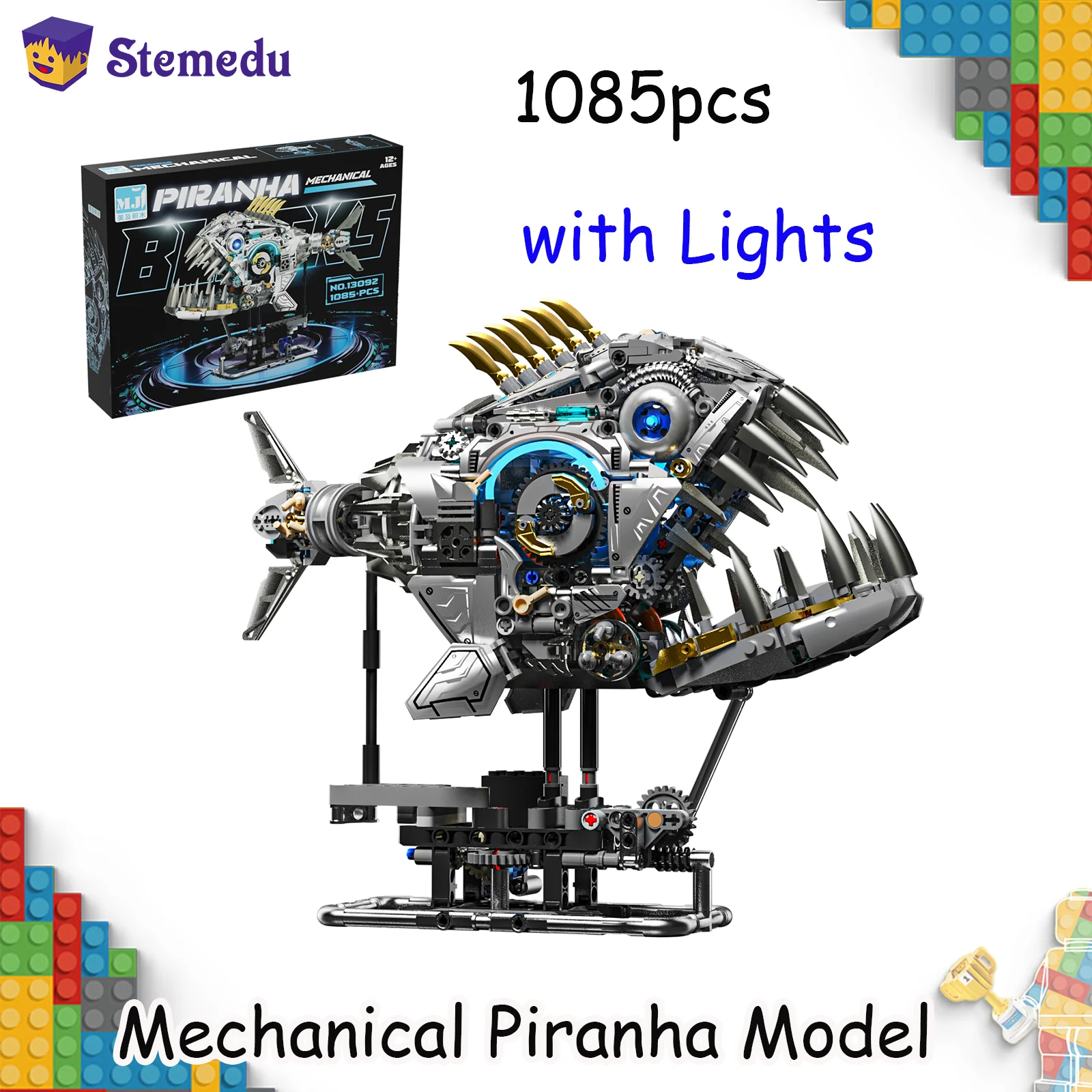 

1085PCS STEM Creative Mechanical Piranha with Light Building Blocks Brick Simulation Sea Animal Fish Model Assembly Toy Kid Gift