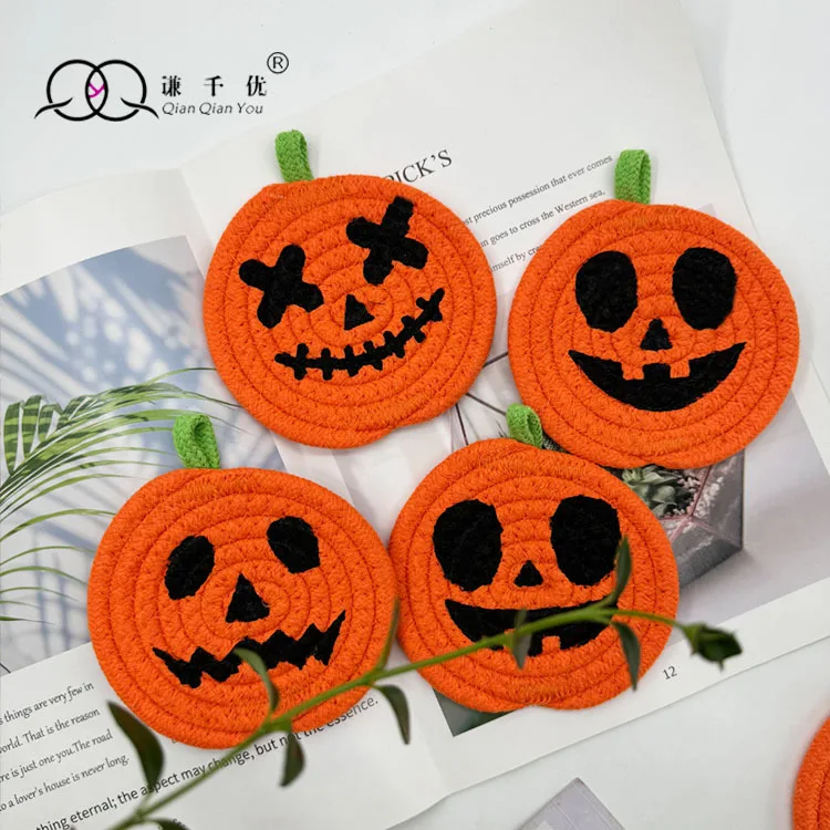 

Halloween Pumpkin Cotton Rope Meal Mat Emojis Cup Mat Handmade Woven Pumpkin Decorative Ornament