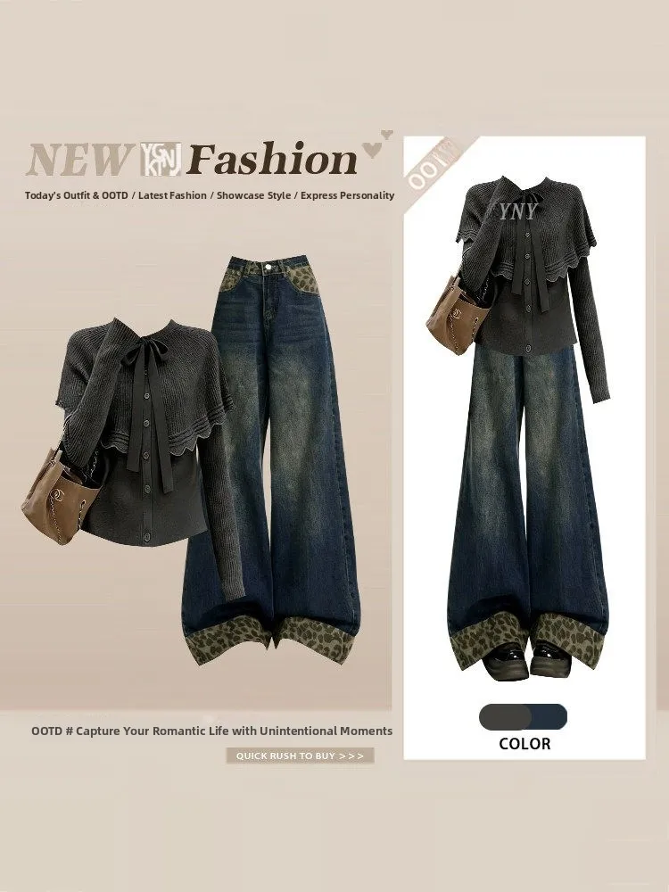 

Весенне-осенний комплект в стиле ретро: джинсы с леопардовым принтом и широкими штанинами, вязаный свитер (имитация двух предметов)