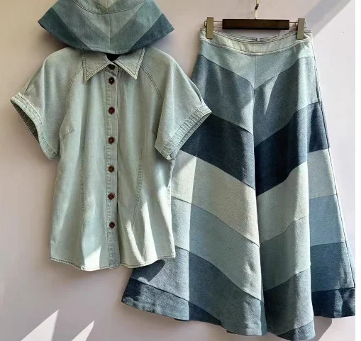 

Tops and Midi Skirt Set New 2025 High Quality Blue Short Sleeve Jeans Denim Blouse
