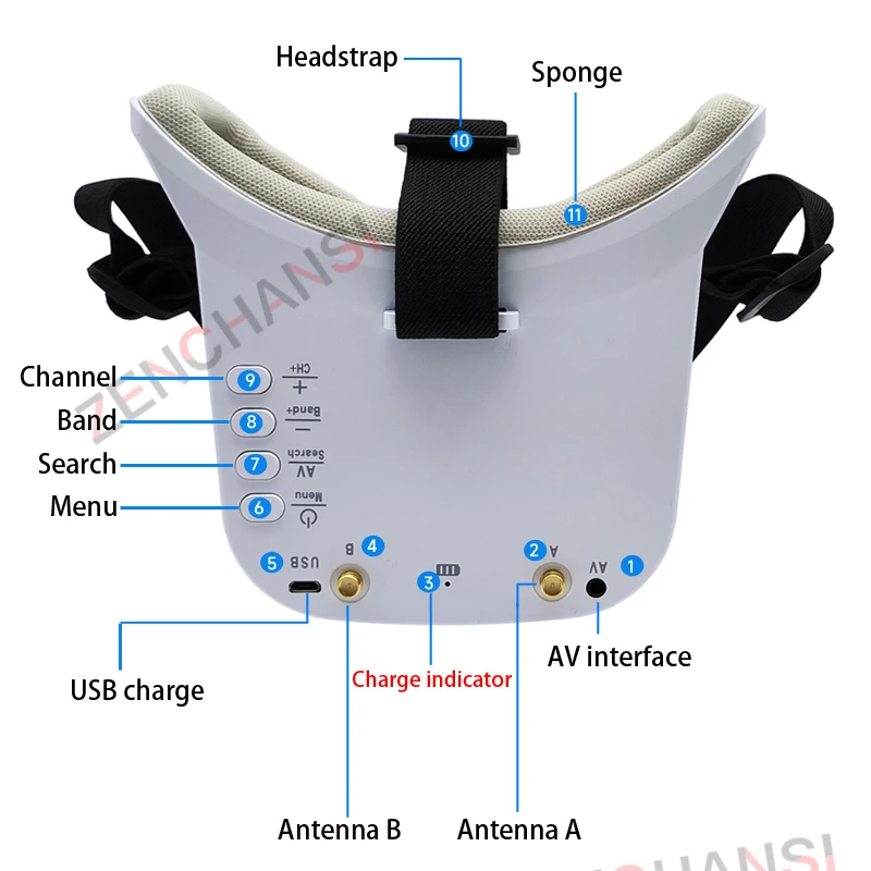 5.8G 48CH Video FPV-bril Monitor Headset HD en 5.8Ghz 2W FPV Draadloze VTX-zender 3-kanaals Dual CMOS 1000TVL fpv-camera