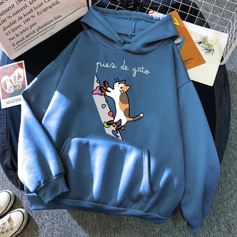 Cat Rock Climb Cute Prints Women Hoodies Autumn Y2K Pocket Hoody Casual Jogging Unisex Sportswear Fleece All-Match Pullovers