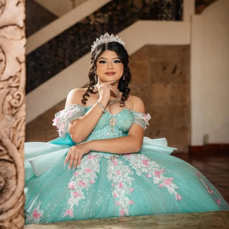 

Shiny blue Quinceanera Dress off-shoulder glitter Decal Lace 3D flower Long tail Bow Vestidos De 15 Quinceanera ﻿Customize