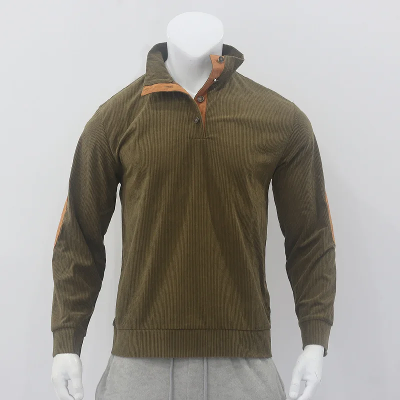 Men\'s Pullover Long Sleeve Outdoor Casual Buttoned Stand Collar Sweatshirt Pit Strip Corduroy Autumn Winter Men Clothing