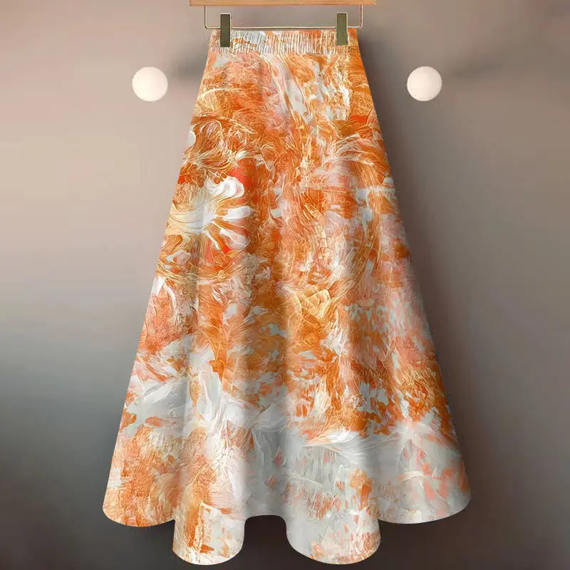 Jupe mi-longue pour femme avec style imprimé et élégant, avec une large balançoire et une jupe trapèze polyvalente qui serre les hanches