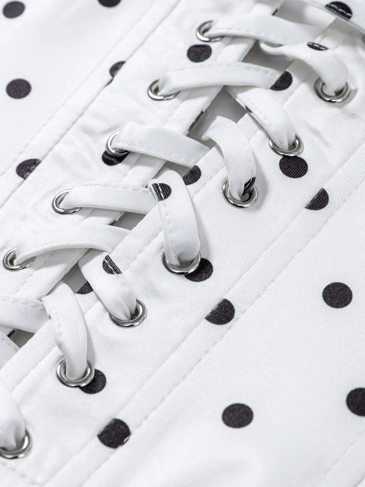 Polka Dot Halter-Korsett-Top, Dreiviertel-Hosenanzüge für Damen, sexy U-Ausschnitt, ärmellos, rückenfrei, Schnür-Tops, Etui-Hosen-Outfits – Detail 7