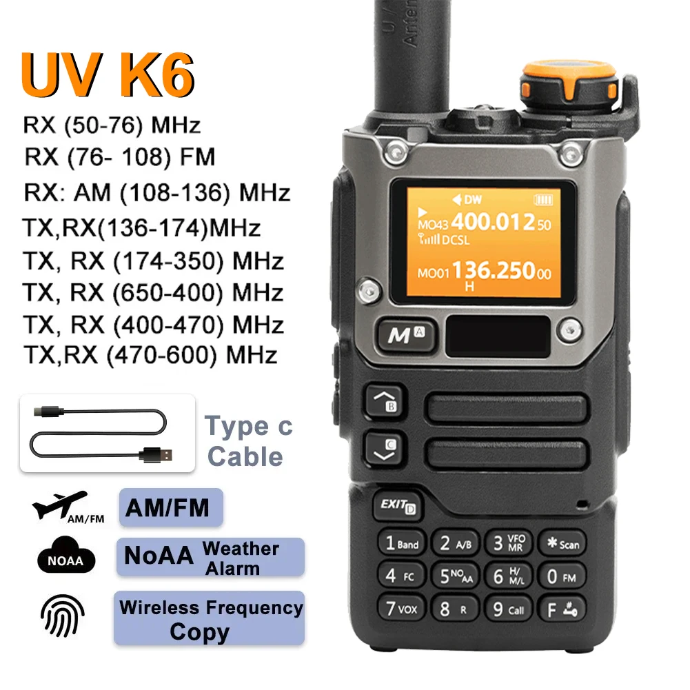 UV K6 Walkie Talkie AM FM Two Way Radio Long Range Receiver USB Rechargeable With 200 Channels Flashlight For Hiking Outdoor