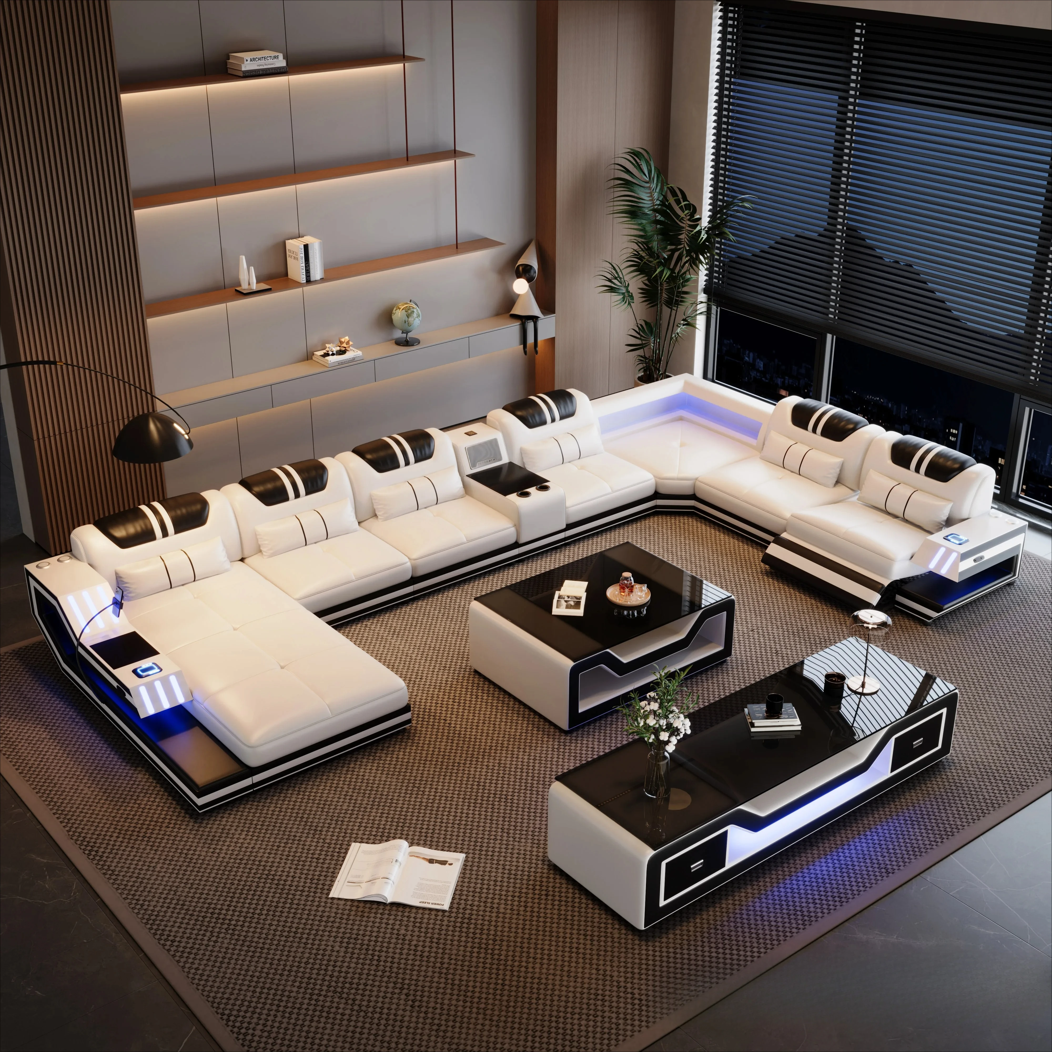 #Convertible Genuine Leather Sectional Sofa Bed with Adjustable Headrests, Electric Recliners, Storage, Speakers, USB & LED Ligh