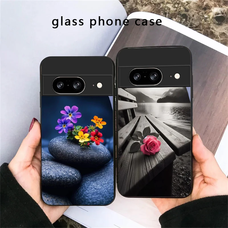 

Small pebble flowers For Google Pixel 8 7 9 10 Pixel 10 Pro XL Pixel 9 Pro XL Pixel 8a 7a Pixel 7 Pro Black Glass Phone Case