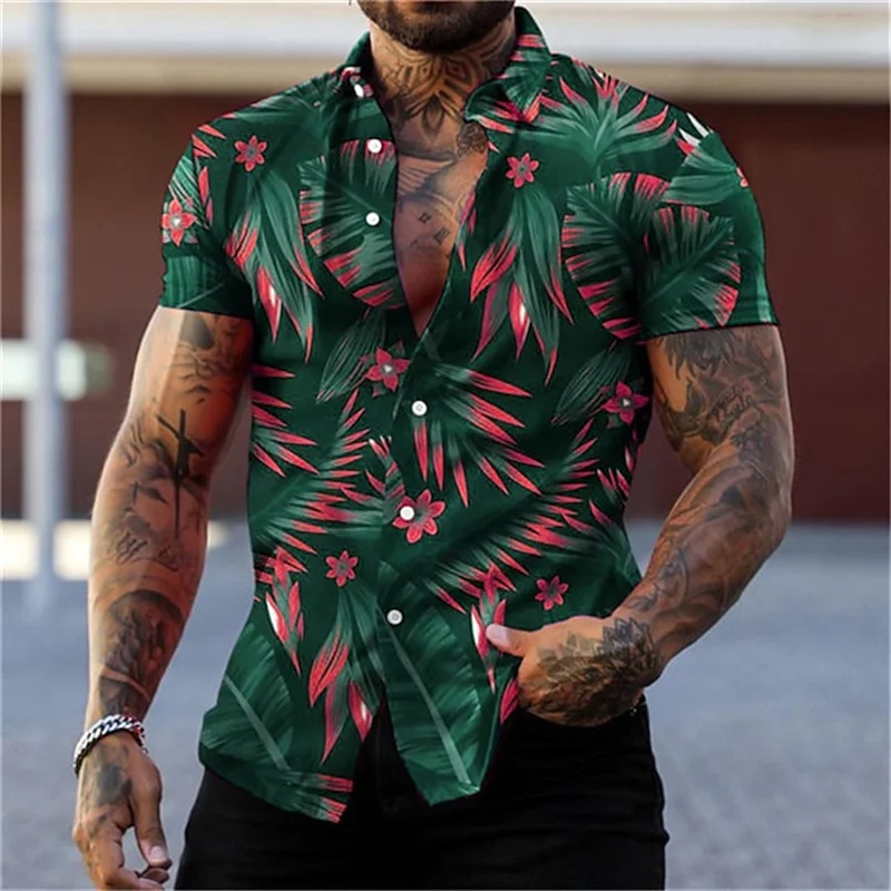 Men\'s black and gold flower shirts Summer plant print lapel shirt Hawaiian style beach short sleeved button up