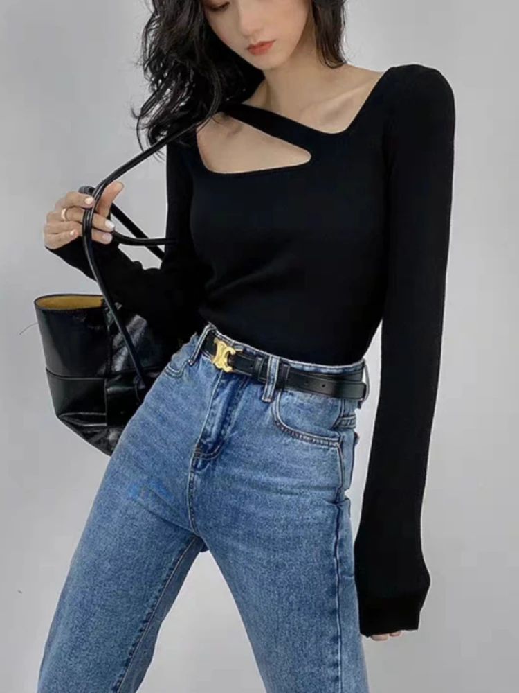 

Sweater Women Slim Sexy Design Asymmetrical Creativity Autumn Inside Ulzzang All-match Leisure Hot Girls Simple Pure Pullovers