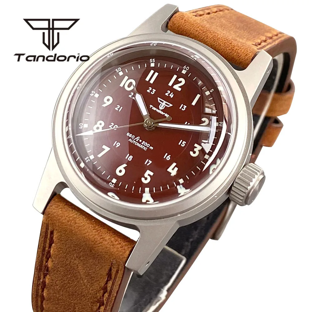 

Tandorio Domed Sapphire Sandblasted Fashion Mechanical 36mm Men's Dive Watch NH35 PT5000 Automatic 20BAR Lume Wristwatch Leather