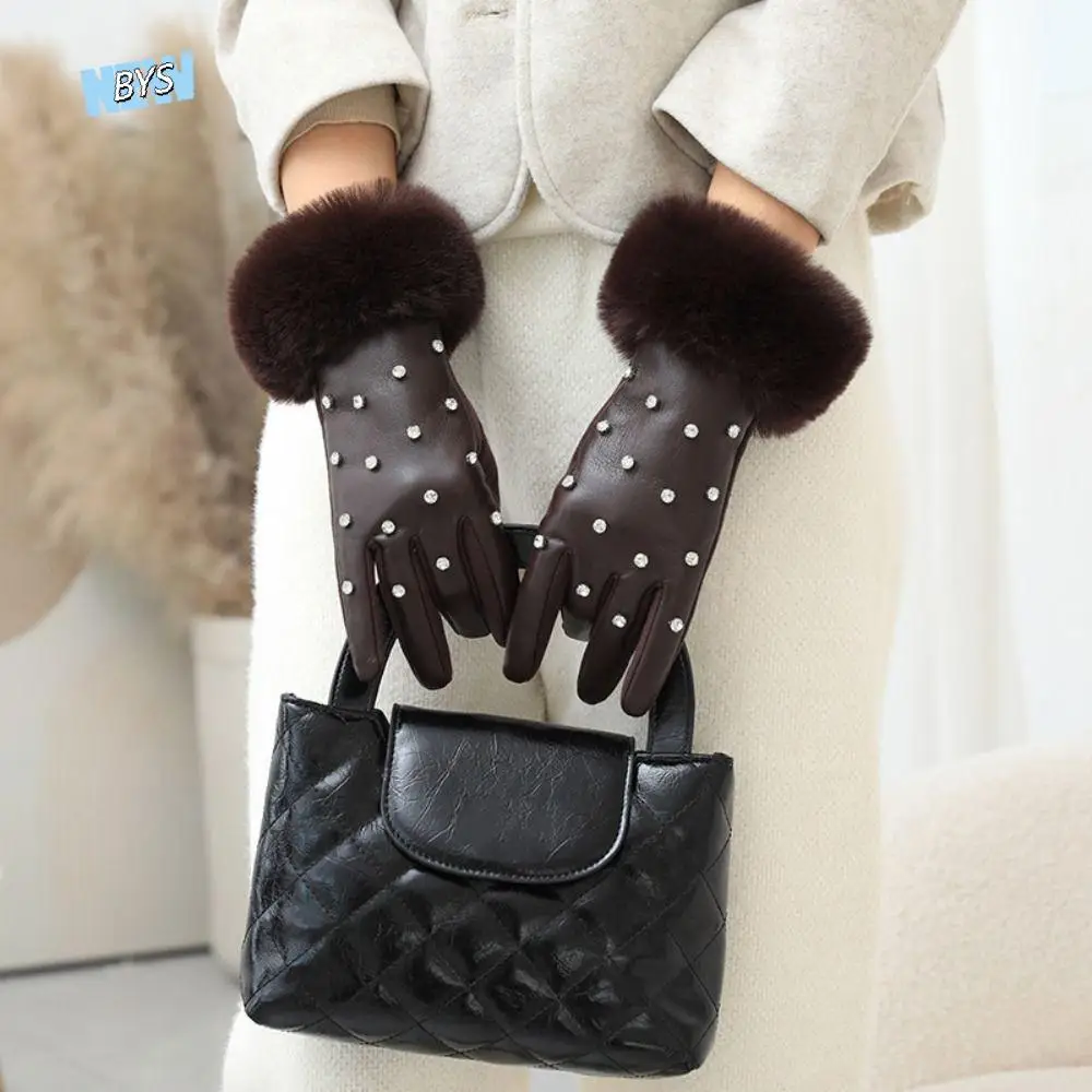 

Cute Velvet Rhinestone Winter Gloves Soft Plush Pu Leather Gloves Touch Screen Windproof Women Warm Mittens Autumn