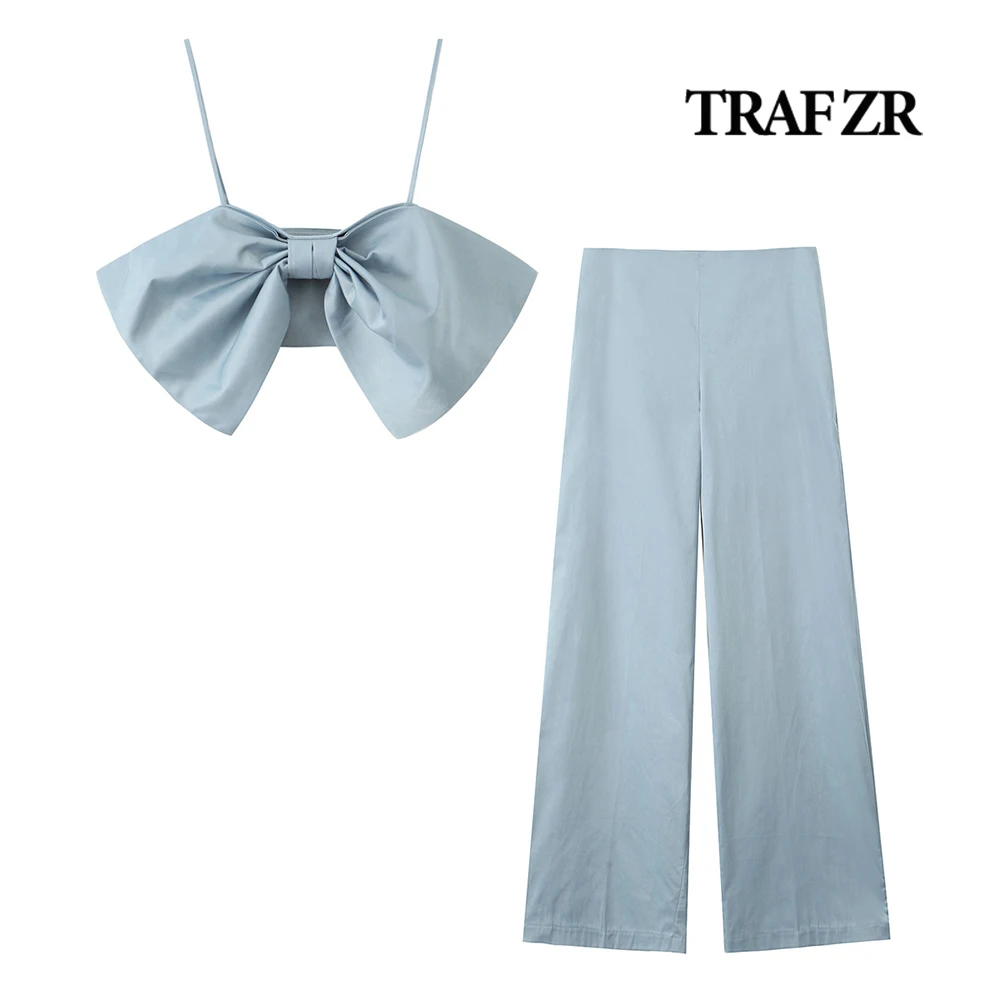 

TRAF ZR Sexy Matching Sets for Women 2 Pieces Satin Trousers Set Cropped Camisole Top + Wide Leg Pants Conjunto Mujer 2 Piezas