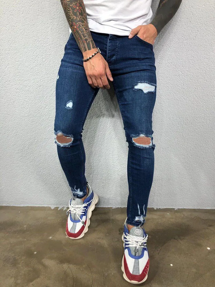 Moda Street Style Knee Ripped Skinny Jeans Men Vintage Wash Solid Denim Trouser Mens Casual Slim Jogging Pants Men Clothes