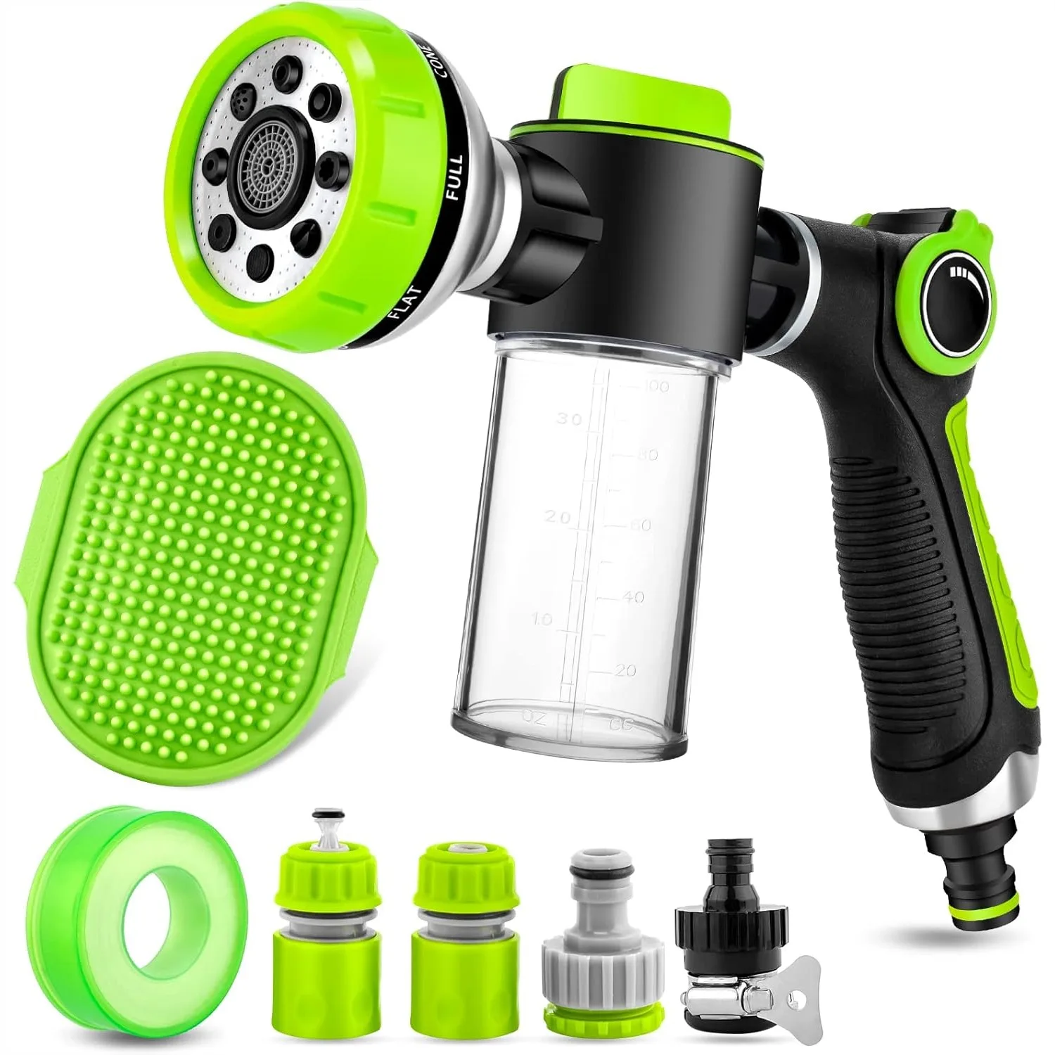 

Dog Washing Hose Attachment with 8-in-1 Sprayer, Pet Bathing Brush, and Soap Dispenser for Garden, Car, and Animal Care