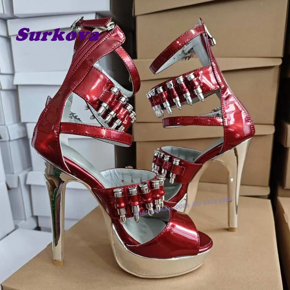 

Bullet Platform Glossy Stiletto Sandals Peep Toe Cut Out Sexy High Heels Women's Sandals Back Zipper Patent Leather Club Shoes