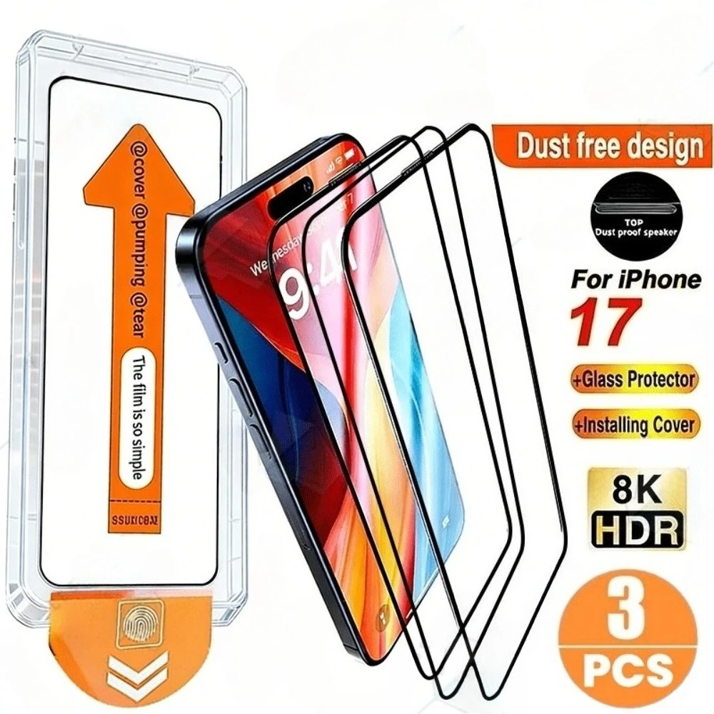 

Комплект из 3 ультрапрочных защитных стекол Ultra HD для iPhone 17, 16, 15, 14 Pro Max, Air 16e, 15, 14 Plus, 13, 12, 11 Pro, XR, XS с установкой в один клик