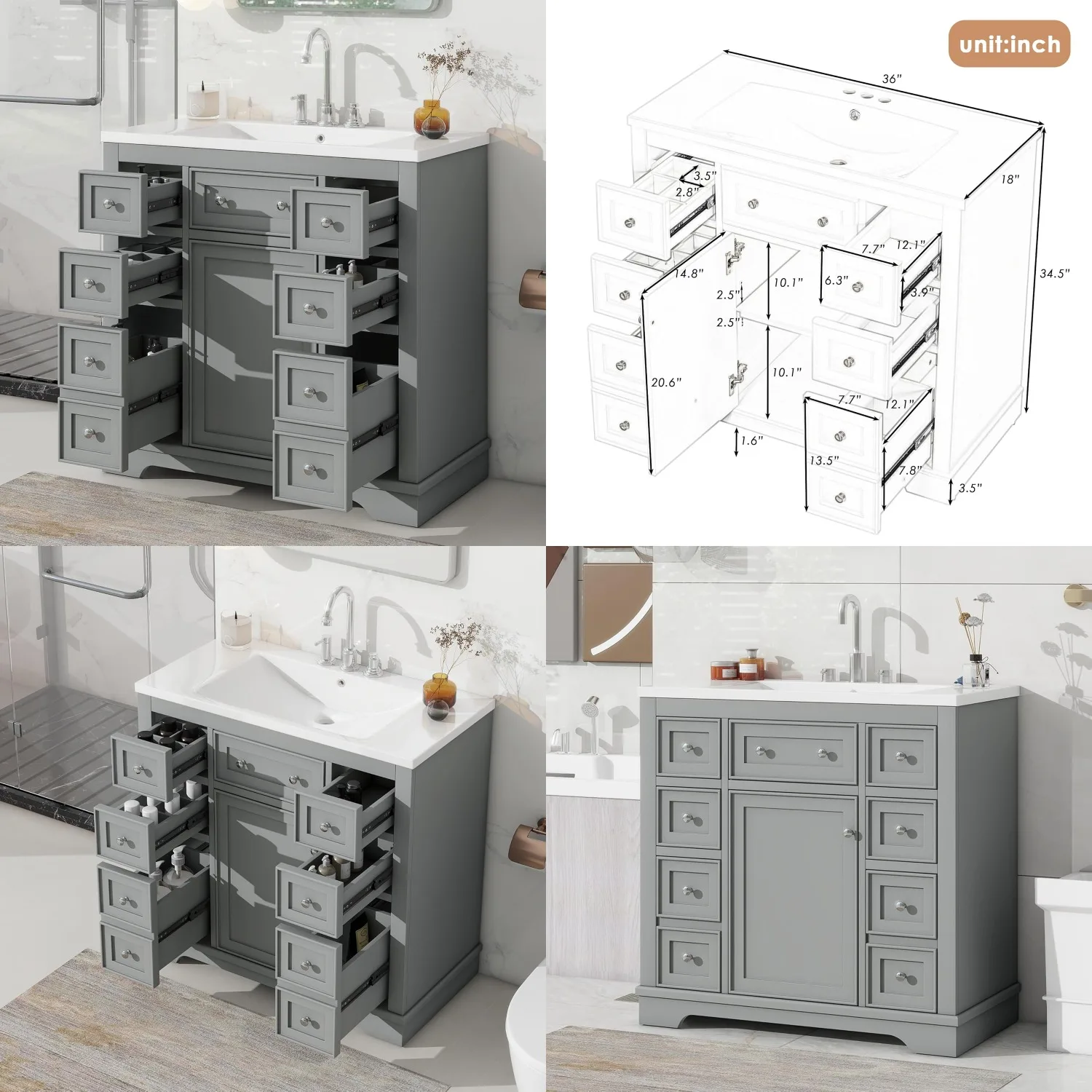

36in Bathroom Vanity Cabinet with Sink Top Combo, Single Door & 6 Drawers, Gray, Customized