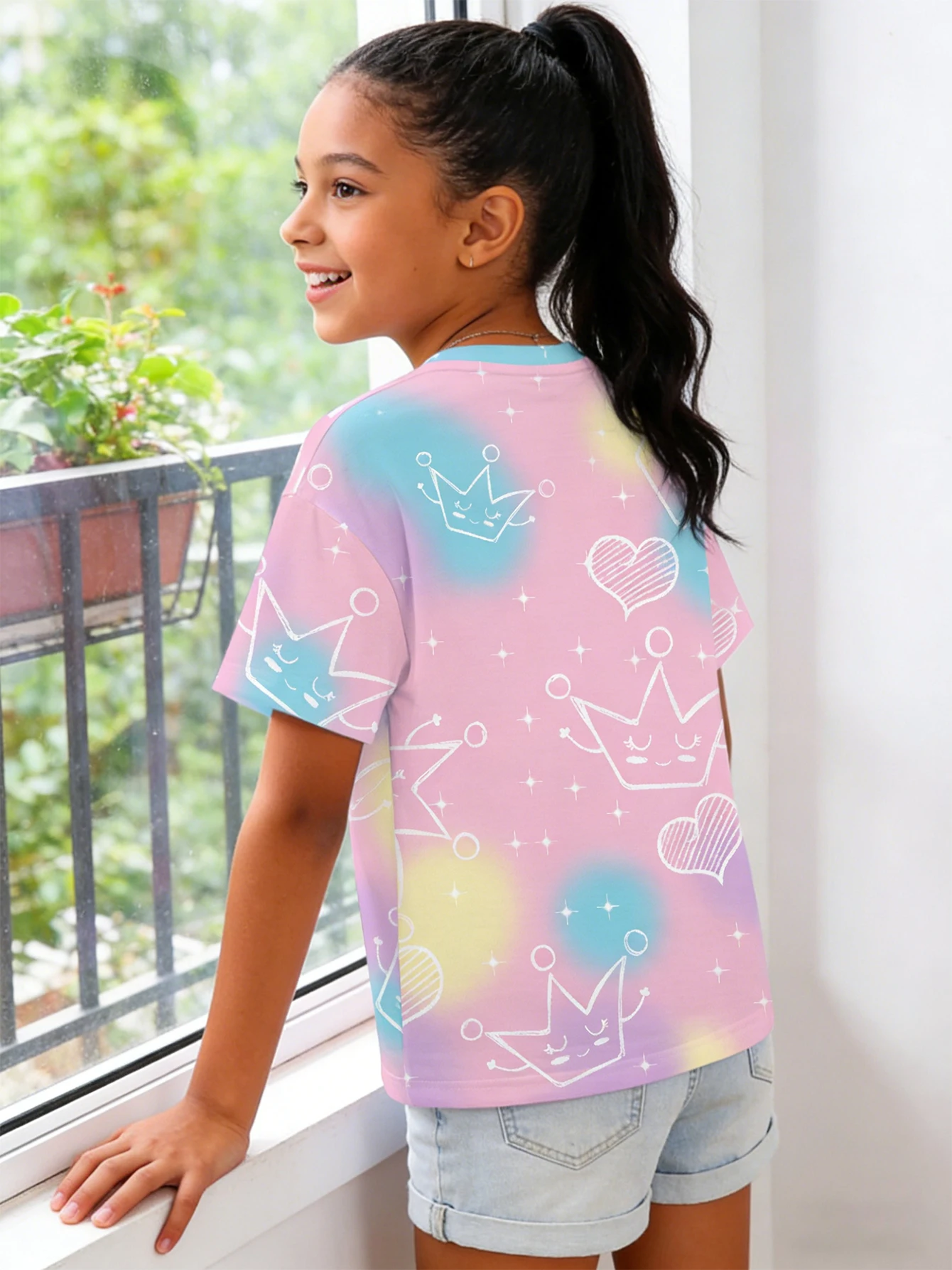 2026 girls pink blue yellow gradual change tie-dye crown love short-sleeved T-shirt, casual top