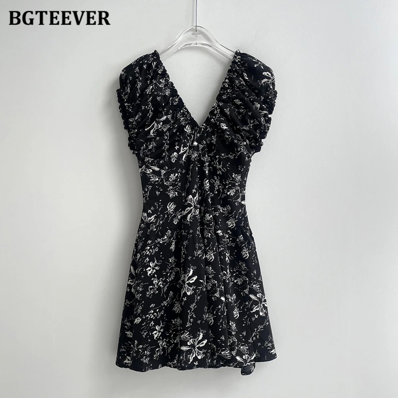 BGTEEVER-Vestido floral elegante com decote em v para mulheres, cintura fina, manga curta, vestido feminino feminino para senhoras de verão