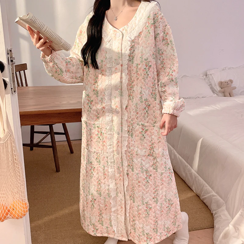 4XL Sweet Winter Lace Cotton Padded Nursing Night Dress Maternity Fall Loose Warm Feeding Sleepwear Pregnancy Homewear Hospital