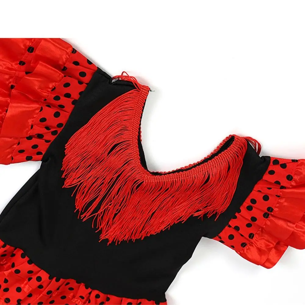 ชุดเดรสเต้นรำสเปนแบบมีพู่ห้อย ดีไซน์ลายจุด คลาสสิกสไตล์ยิปซี แขนสั้น ชุดเดรสแบบดั้งเดิมสำหรับงานเทศกาล ชุดคอสเพลย์