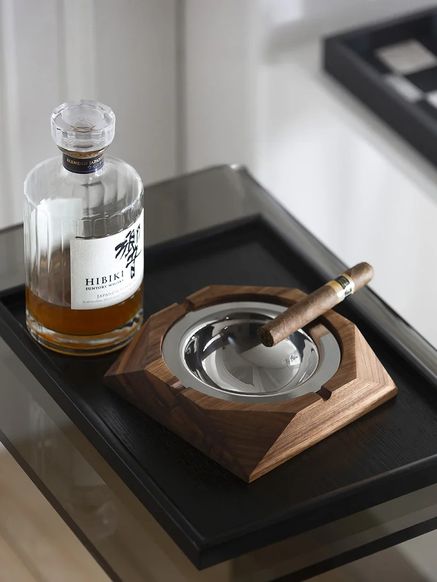 

Luxury Walnut Wood Ashtray Premium Cigarette Ashtray Stainless Steel Groove for Home Decoration Table Hotel