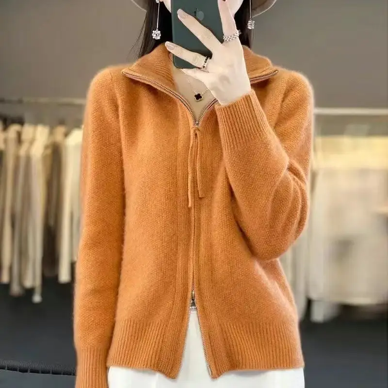 

Autumn Winter 2025 New Knitting Cardigan Women Zipper Turtleneck Sweater Female Loose Long Sleeves Solid Color Warm Coat Ladies