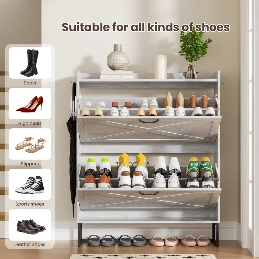 Shoe cabinet with 2 flip drawers, independent shoe cabinet with detachable hooks, narrow shoe rack cabinet