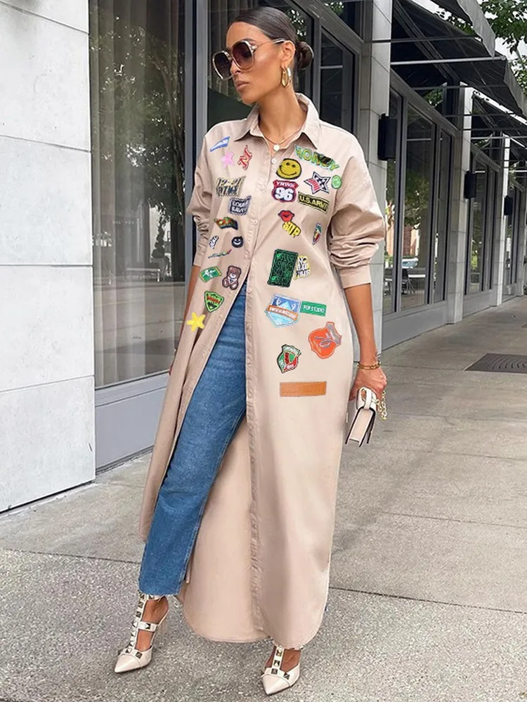 

Hip Hop Women Pattern Patchwork Long Shirt Spring Summer Turn Down Collar Long Sleeve Single Breated Maxi Sunscreen Blouse Ins