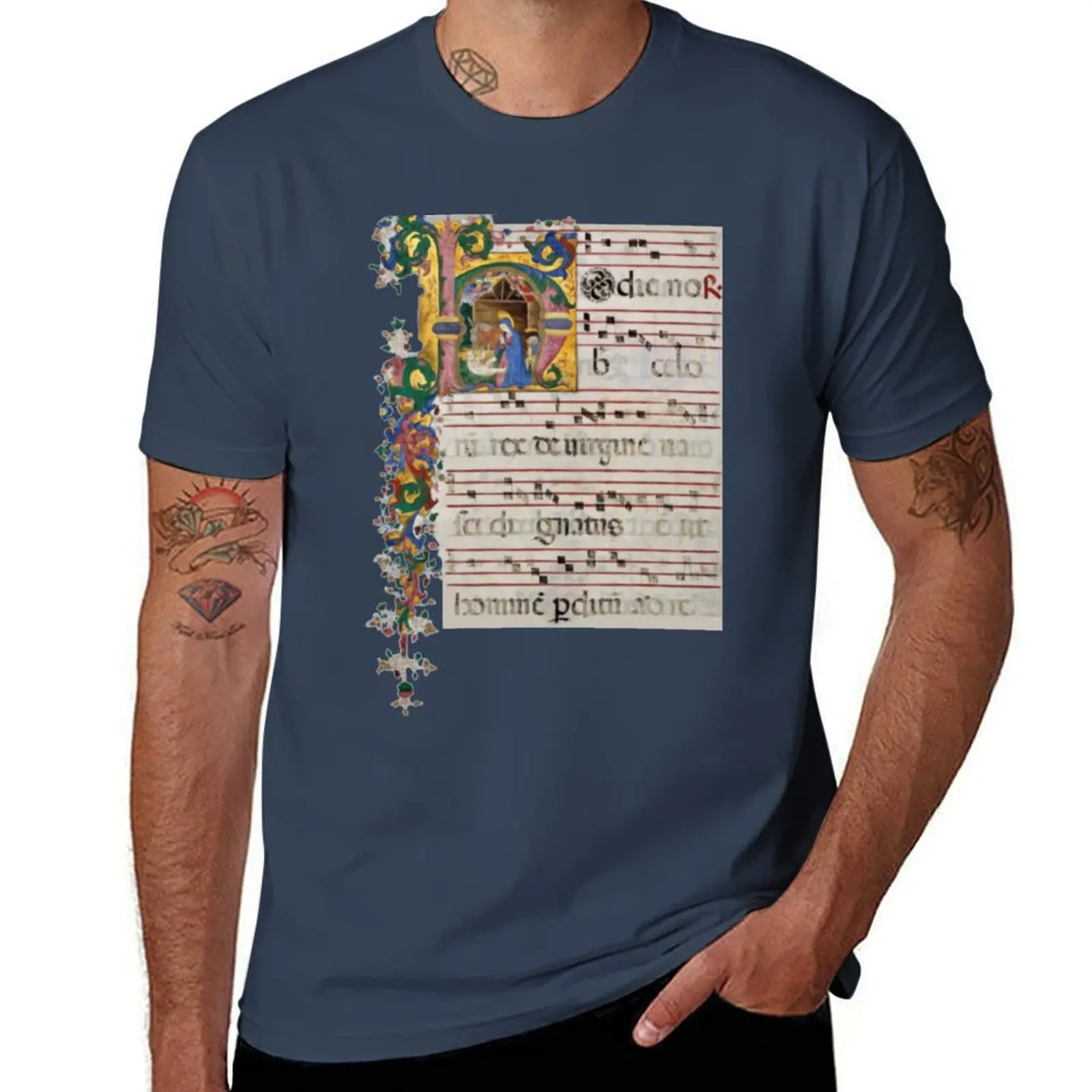 Manuscript Leaf with the Nativity in an Initial H 15th century Christmas T-Shirt man graphic t shirt T-Shirt
