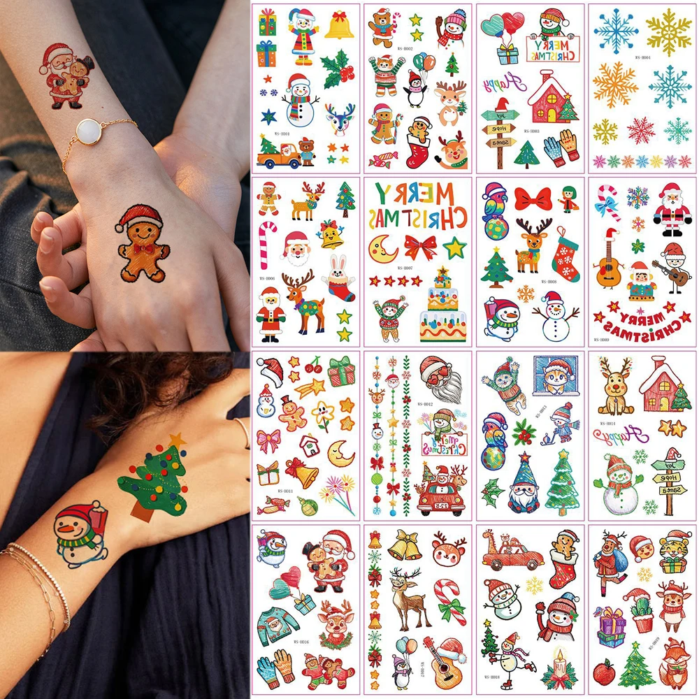 

10pcs Christmas Temporary Tattoo Stickers for Women Men Body Art Cartoon Christmas Stocking Tattoo Stickers for Festival