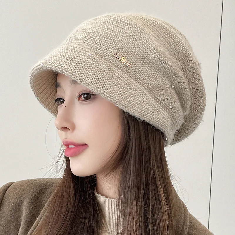 

Модные женские черепа и шапочки, элегантная двухслойная толстая бриллиантовая этикетка, шапочка с ворсом из кроличьей шерсти, вязаная зимняя защита ушей