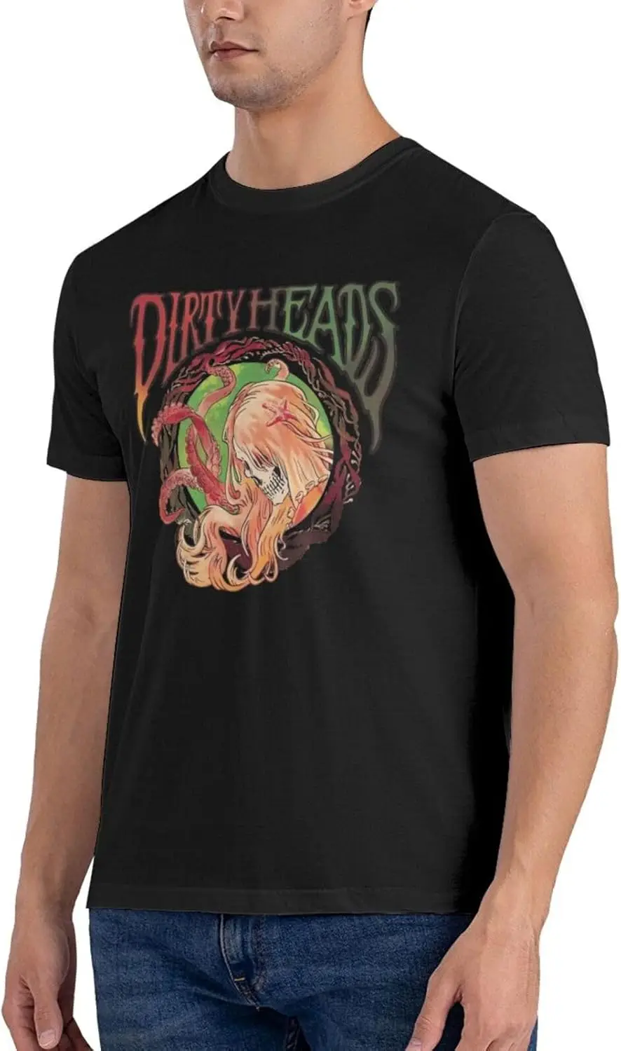 Dirty Band Heads Shirt Men's Double Sided Pattern Printed T-Shirt, Cotton Crew Neck Short Sleeve Tops Black