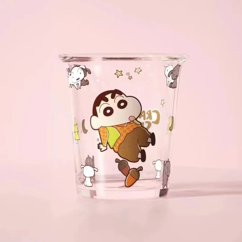 Anime Cartoon Crayon Shin-Chan Pattern Printed Glass 300ml Water Cup Cute Children's Breakfast Milk Cup Juice Cup Children Gift