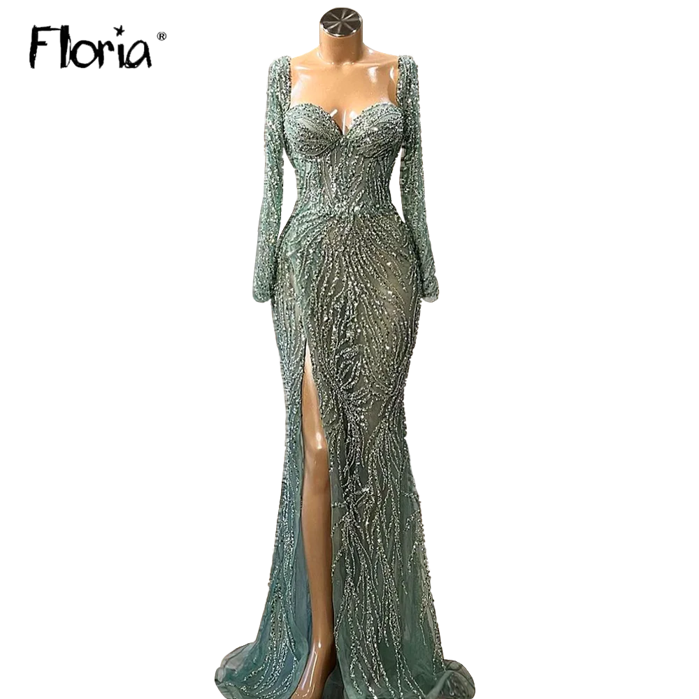 Sweetheart green elegante verde sereia vestidos de noite 2023 completo frisado manga longa luxo para festa casamento feminino